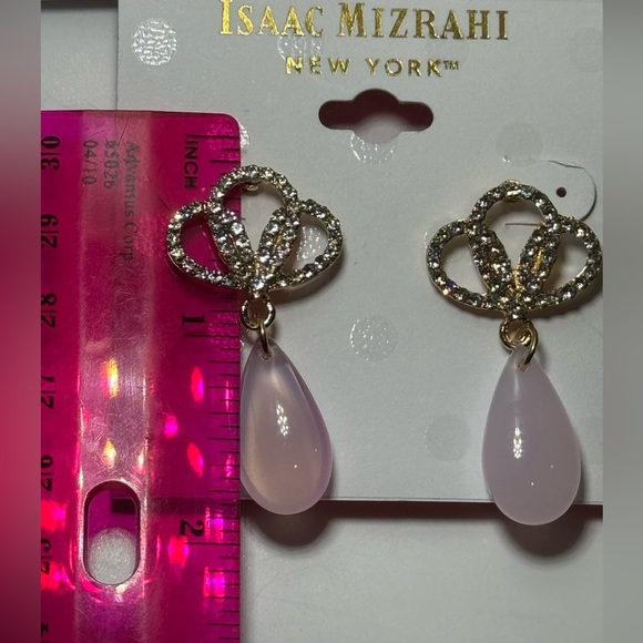 ISAAC MIZRAHI Gold Tone Post Earrings Pave Crystals with Pink Dangling Stone - Picture 4 of 5
